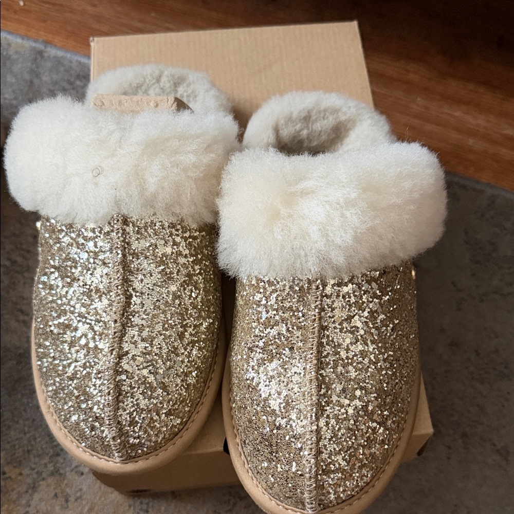 UGG Gold Glitter Mules with Cream Fur